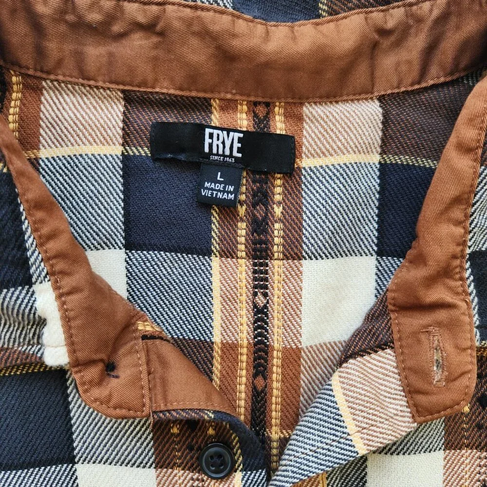 Frye Button Down Flannel Shirt Jacquard Brown Plaid Business Casual Western - Picture 7 of 11